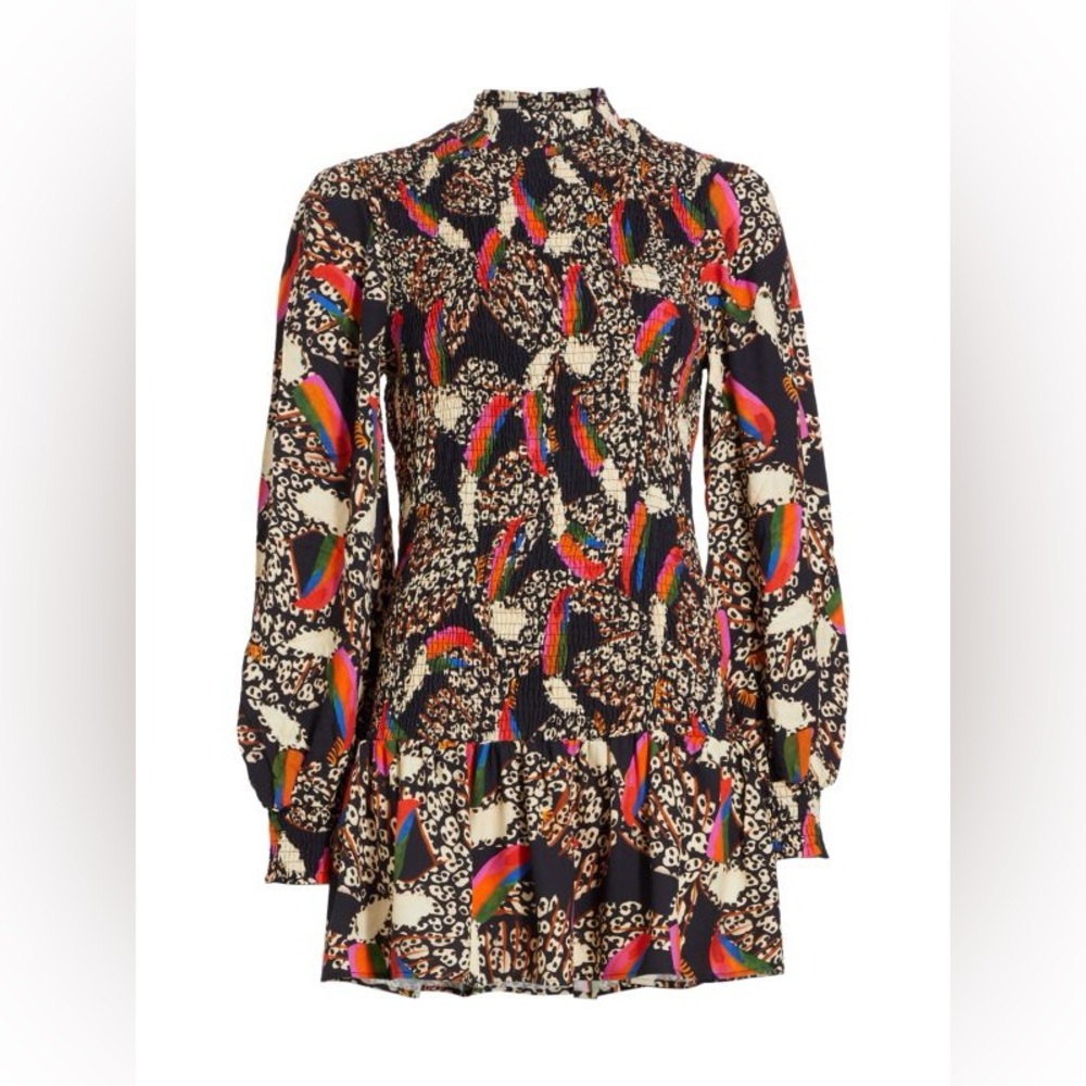 FARM RIO Leopard & Toucan Smocked Minidress - Picture 2 of 5